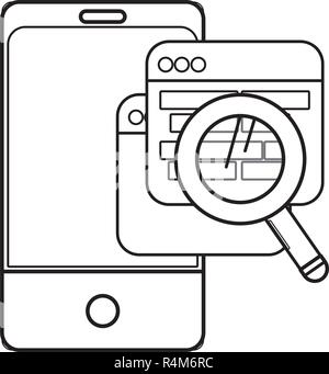 Technik computer Fenster mit Smartphone von Lupe cartoon Vector Illustration grafik design analysiert Stock Vektor