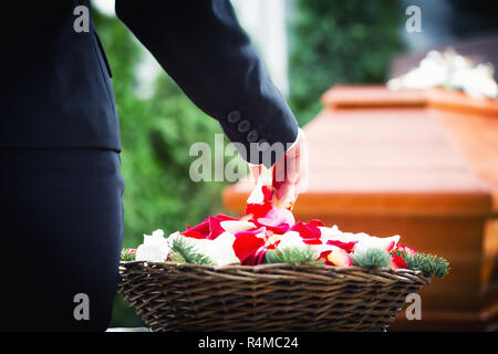 Frau auf Beerdigung, Rosenblätter auf dem Sarg Stockfoto