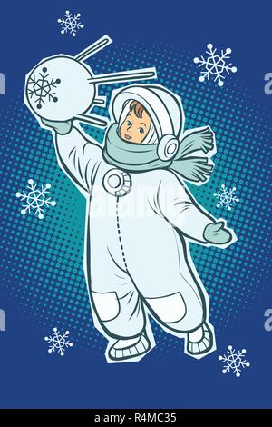 Kleiner Junge Astronaut. Space Satelliten Sputnik in den Händen. Winter Schneefall. Comic cartoon Pop Art retro Vektor illustration Zeichnung Stock Vektor