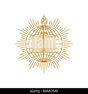 Kirche Logo. Christliche Symbole. Eine offene Bibel, Schwert und Flamme vor dem Hintergrund der Welt. Stock Vektor