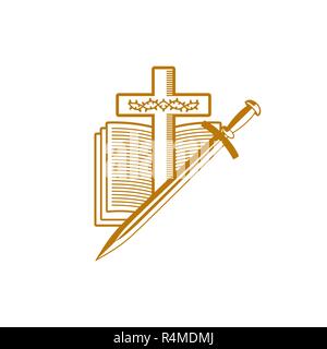 Kirche Logo. Christliche Symbole. Das Kreuz Jesu Christi, der Heiligen Schrift, die Dornenkrone und das Schwert. Stock Vektor