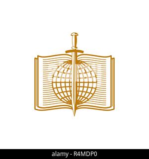 Kirche Logo. Christliche Symbole. Kugel und Schwert auf dem Hintergrund einer aufgeschlagenen Bibel. Stock Vektor