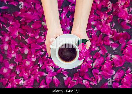 Ansicht von oben Frau Hände, die Tasse Kaffee und Lila Rosa Pfingstrose auf Untertasse über dunklen Hintergrund mit Blüten. Gemütliches Frühstück in Flach Stil. Stockfoto