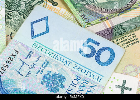 Nahaufnahme von 50 zloty Banknote. Finanzieller Hintergrund Stockfoto