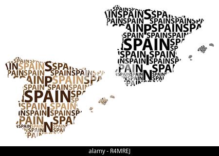 Skizze Spanien schreiben Text Karte, Königreich Spanien - in der Form des Kontinents, Karte Spanien - braun und schwarz Vector Illustration Stock Vektor