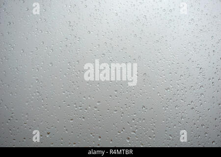 Wassertropfen auf einer Glasoberfläche. Große dimension Hintergrund mit Drops in Grau Farbe Ton Stockfoto