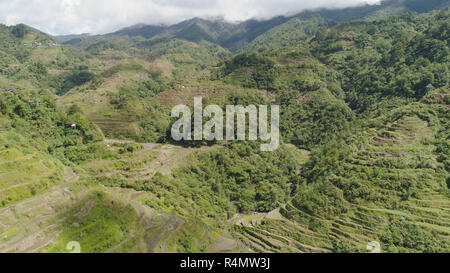 Luftaufnahme von Reis Terrassen an den Hängen der Berge, Banaue, Philippinen. Anbau von Reis in den Norden Batad. Berge bedeckt Wald, Bäume. Die philippinischen Kordilleren. Stockfoto