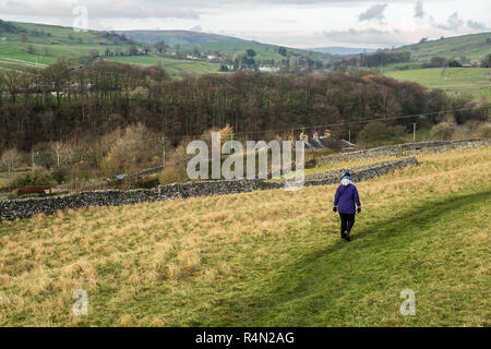 In den Yorkshire Dales vereinbaren mit einer weiblichen Hill Walker in der Nähe der Ortschaft Stainforth Stockfoto