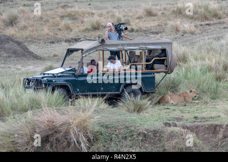 Löwin liegt im Schatten der Safari Jeep in Masai Mara, Kenia Stockfoto