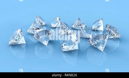 Viele Diamanten auf Blau reflektierenden Schreibtisch verschüttet. Schmuck Edelstein Gruppe auf sauberen Hintergrund platziert. Close Up, selektive konzentrieren. 3D-Rendering Stockfoto