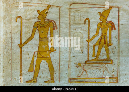 Wallpainting des ägyptischen Gottes Osiris im Tal der Könige, KV 14 Grab von Seti II, Luxor, Ägypten, 21. Oktober 2018 Stockfoto