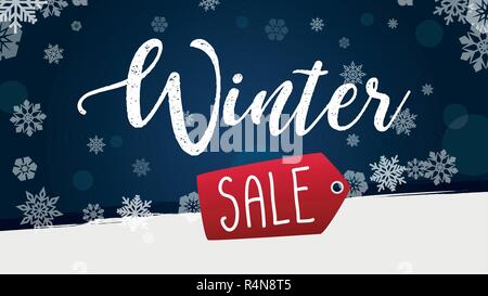 Hallo Winter handlettering Vektor text om blauer Hintergrund mit showflake. Stock Vektor