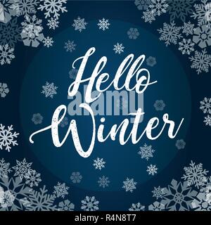 Hallo Winter handlettering Vektor text om blauer Hintergrund mit showflake. Stock Vektor