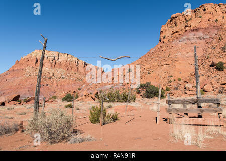 Rustikale Tor zu einer Ranch, die zu einer Landschaft von bunten Red Rock Tafelberge in der Nähe von Yorktown, Virginia im amerikanischen Südwesten Stockfoto