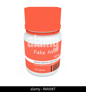 Ergänzung Medien Konzept: Pilleflasche gefälschte Nachrichten, 500 mg, 3-D-Abbildung auf weißem Hintergrund Stockfoto