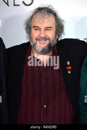 Peter Jackson an der Sterblichen Motoren Welt Premiere im Cineworld in Leicester Square, London statt. Stockfoto