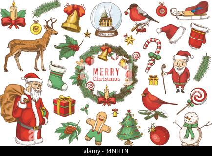 Satz von Frohe Weihnachten und Neujahr, Weihnachten Elemente mit Tieren und Santa Claus. graviert Hand in alte Skizze und vintage Stil gezeichnet. Vector Illustration. Stock Vektor