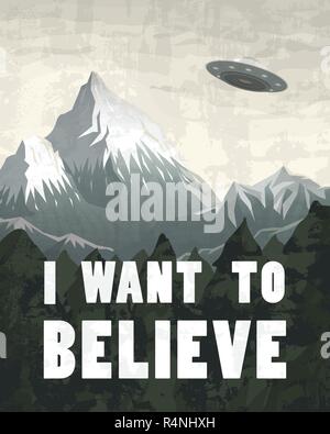 UFO oder fliegende Untertasse auf dem Hintergrund der Berge. Space Aliens im Raumschiff. Ein helles Licht nimmt alle Leben. Kleine Grüne Männer. Kosmische Vorlage für Banner, Karten oder Poster. Stock Vektor