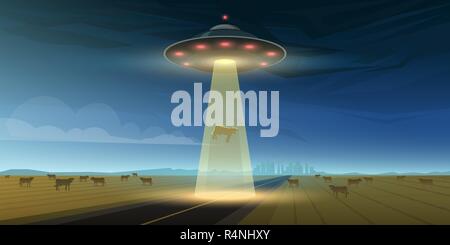 UFO oder Fliegende Untertasse im Raum. Aliens ein Raumschiff. Ein Licht leuchtet auf der Erde. Kleine Grüne Männer. Extraterrestrische flog zu unserem Planeten. Kosmische Vorlage für Banner, Karten oder Poster. Stock Vektor
