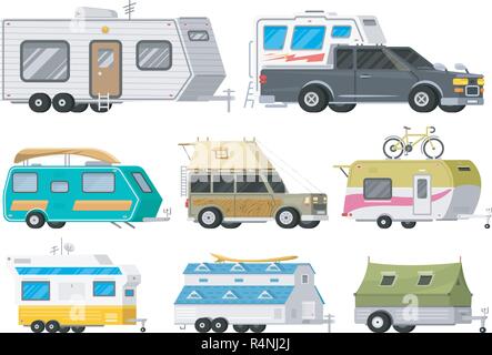 Eine Reihe von Anhängern oder Familie RV Camping Caravan. Touristische Bus und Zelt für Outdoor und Reisen. Mobile home Truck. Suv-Auto Crossover. Tourist Transport, Road Trip, Wohnmobile. Stock Vektor