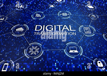 Digitale transformation Technologie Konzept mit Symbolen des Cloud Computing, Daten, Computer, Datenbank- und angeschlossenen Geräten über abstrakte Code zu Internet Stockfoto