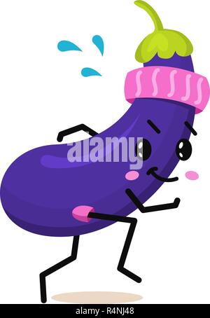 Sport Gemüse Aubergine Charakter. Cute gesundes Obst und lustiges Gesicht. Glücklich essen. Vegetarier Vitamin Diät und Fitness Concept. Stock Vektor