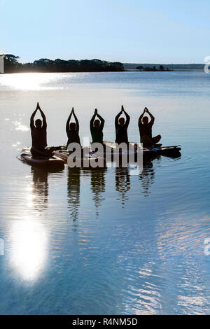 Foto mit Silhouette der Gruppe von Menschen, die Yoga auf paddleboards Stockfoto