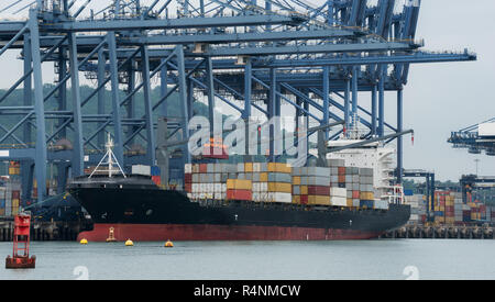 Containerbrücken laden ein Schiff in einen Hafen in Panama in der Nähe der Einfahrt zum Panama-kanal. Stockfoto