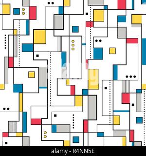 Gelbe, rote und blaue Quadrate und schwarzen Umrissen abstraktes Muster auf weißem Hintergrund Stock Vektor
