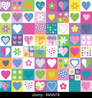 Herzen und Blumen Sammlung Muster auf bunten Quadrate Hintergrund Stock Vektor