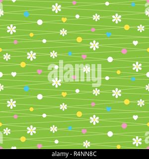 Herzen, Blumen und Muster auf grünem Hintergrund Stock Vektor