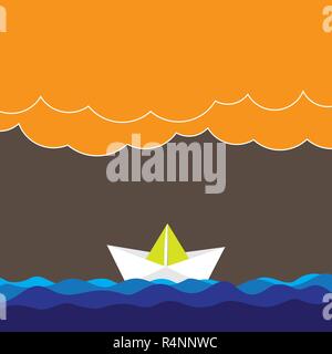 Design Business leere Raum Text für Anzeige Web site Förderung isolierte Banner Vorlage. Wave schwere Wolken und Papier Boot Meereslandschaftszene Vektor leer Stock Vektor