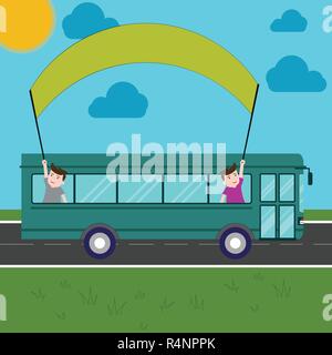 Design Business Konzept leeren Text kopieren für Web Banner Werbemittel mock up Vorlage. Zwei Kinder in der Schule Bus heraus halten, Banner mit Stic Stock Vektor
