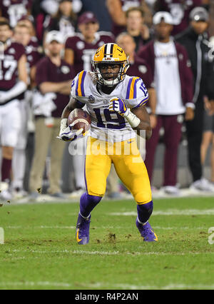 November 24, 2018 College Station, TX... LSU Tiger Empfänger, Derrick Dillon (19), wodurch ein Spiel während der NCAA Football Spiel zwischen der Texas A&M Aggies und die LSU Tiger, in College Station, TX. (Absolut komplette Fotograf & Company Credit: Joseph Calomeni/MarinMedia.org/Cal Sport Media) Stockfoto