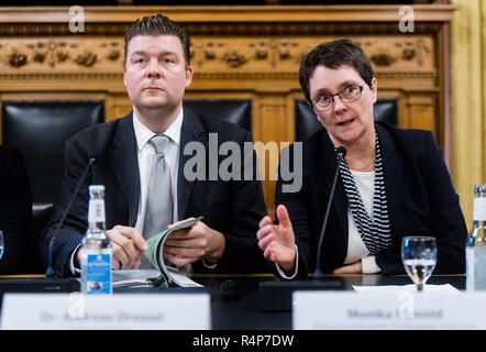 Hamburg, Deutschland. 28 Nov, 2018. Monika Nielsen (Bündnis 90/Die Grünen), Finanzminister von Schleswig-Holstein, Kommentare über den Verkauf der HSH-Nordbank am Hamburger Rathaus neben Andreas Dressel (SPD), Finanzsenator von Hamburg. Quelle: Markus Scholz/dpa/Alamy leben Nachrichten Stockfoto