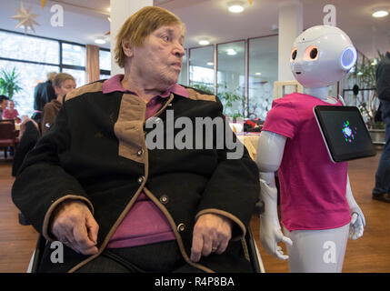 Frankfurt am Main, Deutschland. 28. Nov 2018. Gisela Thoma, ein Bewohner des Altersheims, kommt in engem Kontakt mit den humanoiden Roboter "Peppa' bei einer Informationsveranstaltung. Im Rahmen eines Projektes an der Fachhochschule Frankfurt, die Schüler wollen, um zu erfahren, was die Senioren aus dem Roboter wollen, so dass Sie vielleicht eines Tages in Altenheimen verwendet werden. Foto: Boris Roessler/dpa Quelle: dpa Picture alliance/Alamy leben Nachrichten Stockfoto