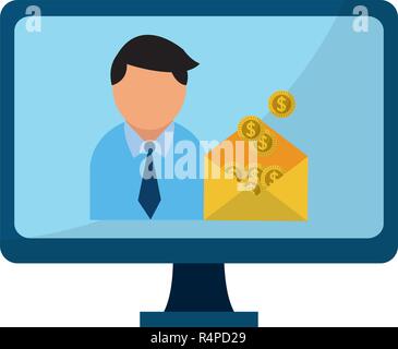 Geschäftsmann auf Computer mit Geld innerhalb e-Umschlag Vector Illustration graphic design Stock Vektor