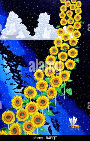 Galaxy und Sonnenblumen Stockfoto