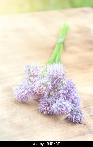 Blume-Schnittlauch gebunden in ein Snop auf ein natürliches Holz Schneidebrett Stockfoto