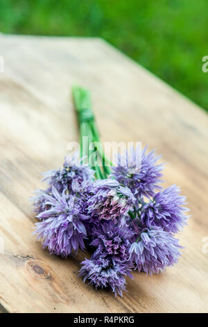 Blume-Schnittlauch gebunden in ein Snop auf ein natürliches Holz Schneidebrett Stockfoto