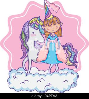 Süße Magic princess und Einhorn über Cloud vor rosa Symbol cartoon Vector Illustration graphic design Stock Vektor