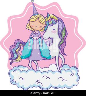 Süße Magic princess und Einhorn über Cloud vor rosa Symbol cartoon Vector Illustration graphic design Stock Vektor