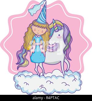 Süße Magic princess und Einhorn über Cloud vor rosa Symbol cartoon Vector Illustration graphic design Stock Vektor