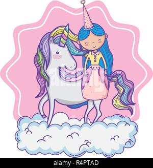 Süße Magic princess und Einhorn über Cloud vor rosa Symbol cartoon Vector Illustration graphic design Stock Vektor