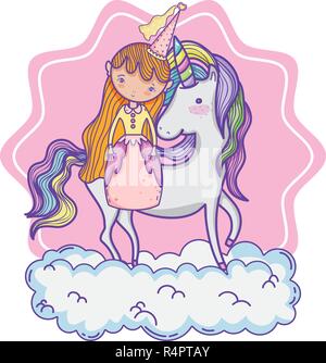 Süße Magic princess und Einhorn über Cloud vor rosa Symbol cartoon Vector Illustration graphic design Stock Vektor