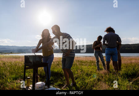 Junge Menschen BBQ auf der Wiese am See Stockfoto