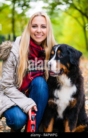 Frau Kuscheln mit Berner Sennenhund Stockfoto