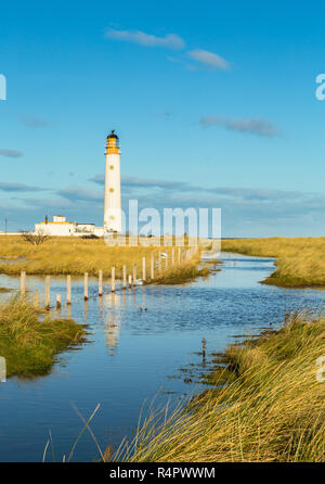 Scheunen Ness Lighthouse, East Lothian, Schottland. Das Gebäude ist teils in einem überfluteten Gebiet von Grasland nieder. Stockfoto