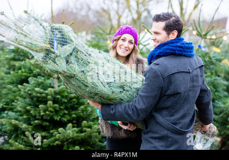 Paar Durchführung gekauft Weihnachtsbaum Stockfoto