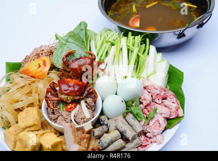 Vorbereitet Hot Pot vietnamesische Landschaft mit lokalen kleine Krebse, Tofu, Nudeln, Fisch Ball und Schwein Fleisch Stockfoto